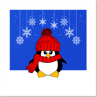 Krimbles Festive Christmas Red Royal Snowflake Penguin Posters and Art